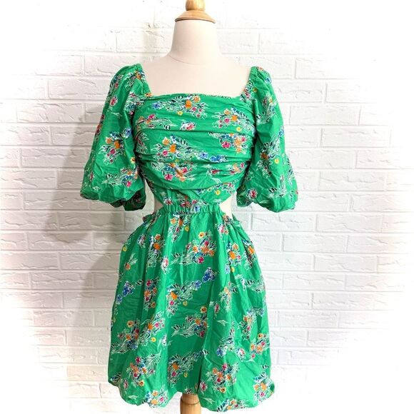 A New Day Green Floral Puff Sleeve Cut Out Bubble Dress Size Small - Picture 2 of 7